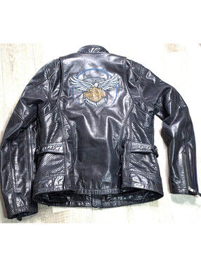 Harley Davidson Womens 115th Anniversary Black Leather Moto Jacket SZ XL w/Eagle